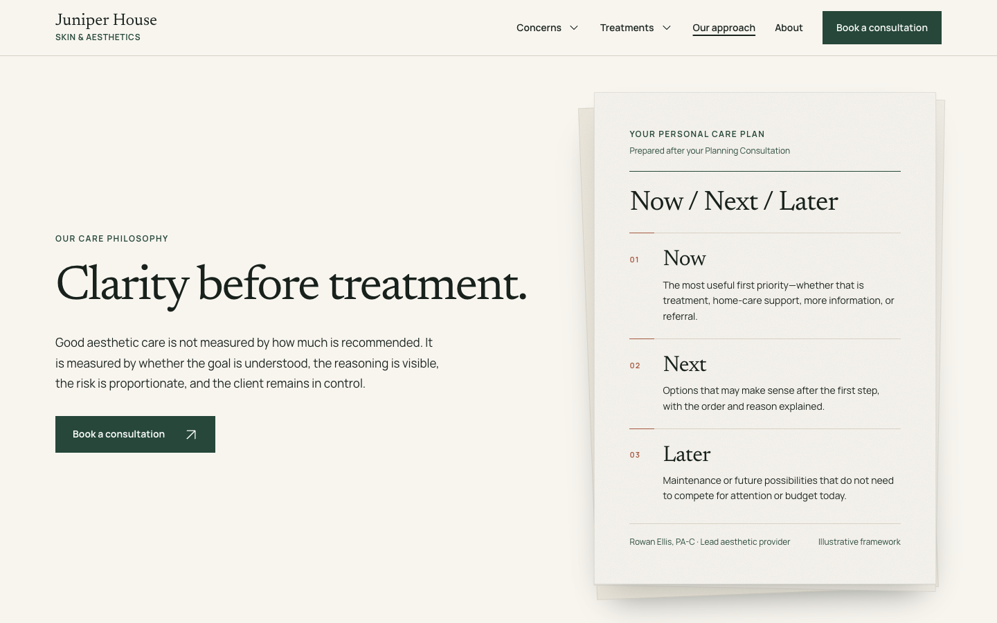 Approach page with the Now, Next, Later care plan beside its introduction.